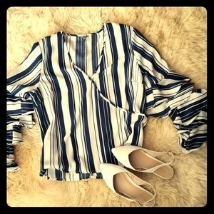 White & Blue Blouse With Ruffle Sleeves!